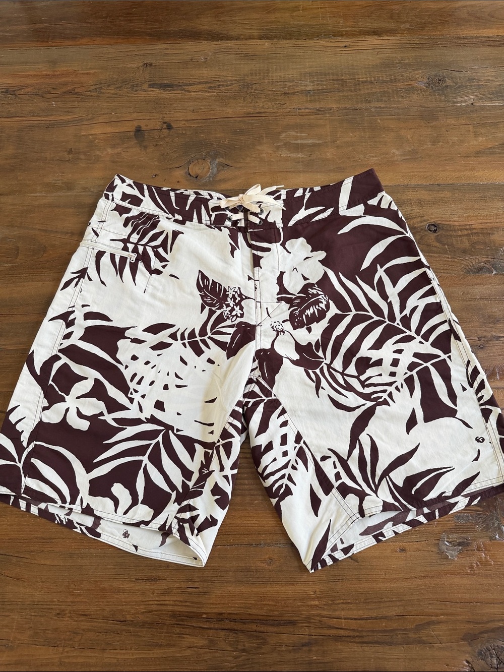 Patagonia White and Dark Brown Tropical Print Men’s Board Shorts